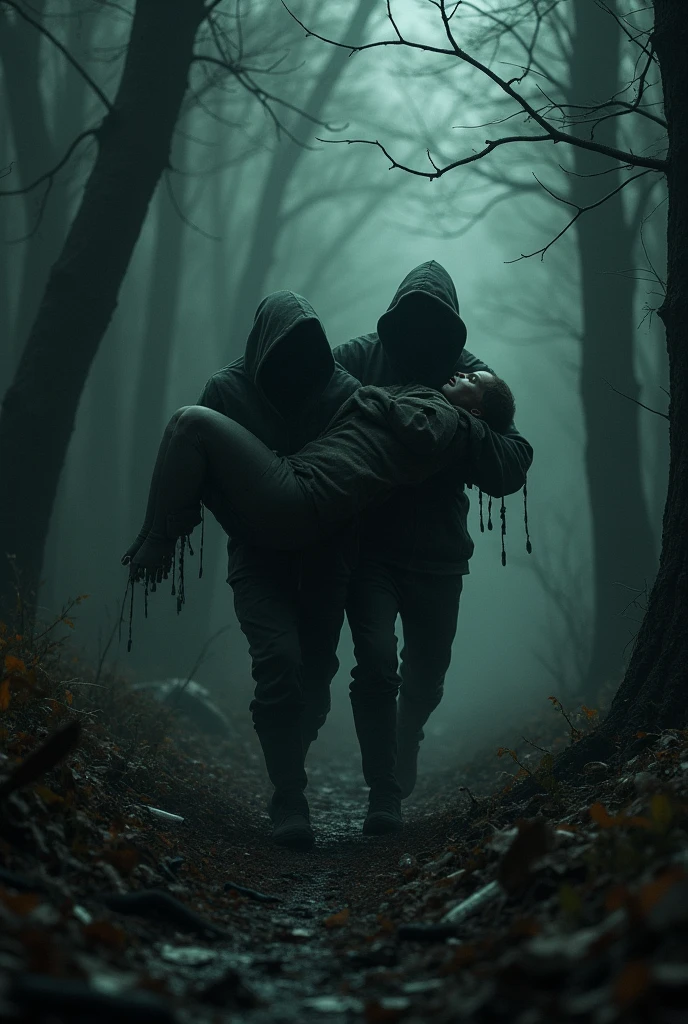 On a dark and desolate night, Two figures move through the undergrowth and litter of a forest. One of them, inert (A corpse) and covered in shadows, is dragged by the other, who struggles with the weight of his burden while facing fear and disgust. As it advances, The man stops to catch his breath and cover his body with the remains of waste, as if trying to protect it from the hostile environment.