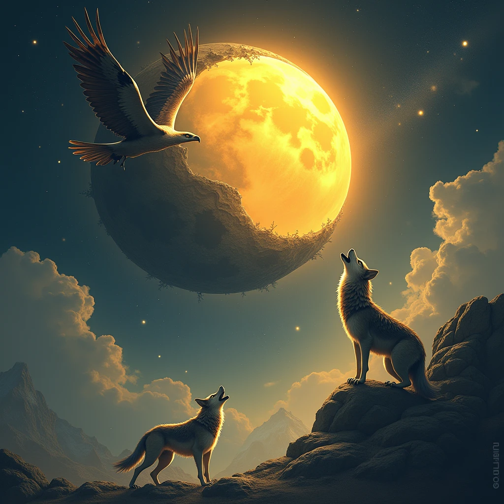 Ying Yam yellow sun and black moon with white.
Also an eagle with its wings open in the corner and a wolf howling looking at the Ying Yam