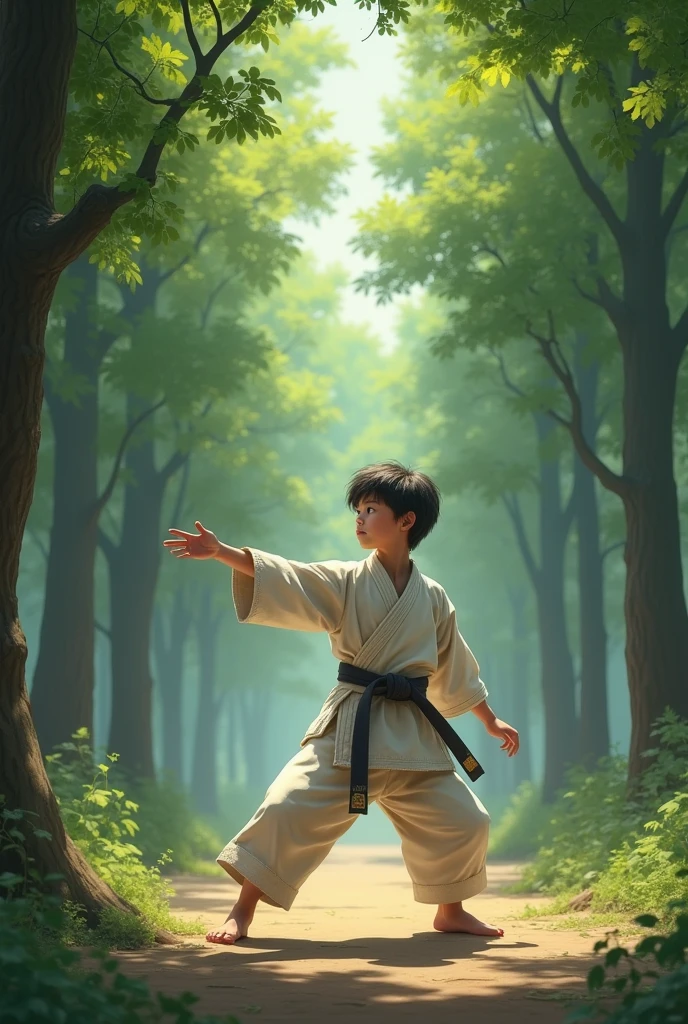 "In a serene outdoor setting, the young boy practices the single judo move taught by his master. His one arm is extended as he performs the move with precision and dedication. Surrounding him are tall trees and a quiet, peaceful environment that reflects his inner resolve and commitment."