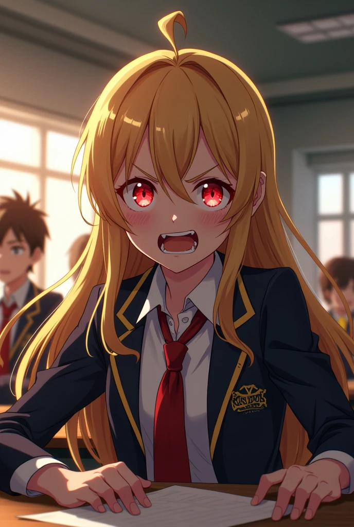 Screenshot of my ver academy. Girl with long blonde hair, Crimson red eyes and has an explosive expression, She is wearing the UA uniform and in the background a UA school class and is sitting at a table next to Bakugo Katsuki.