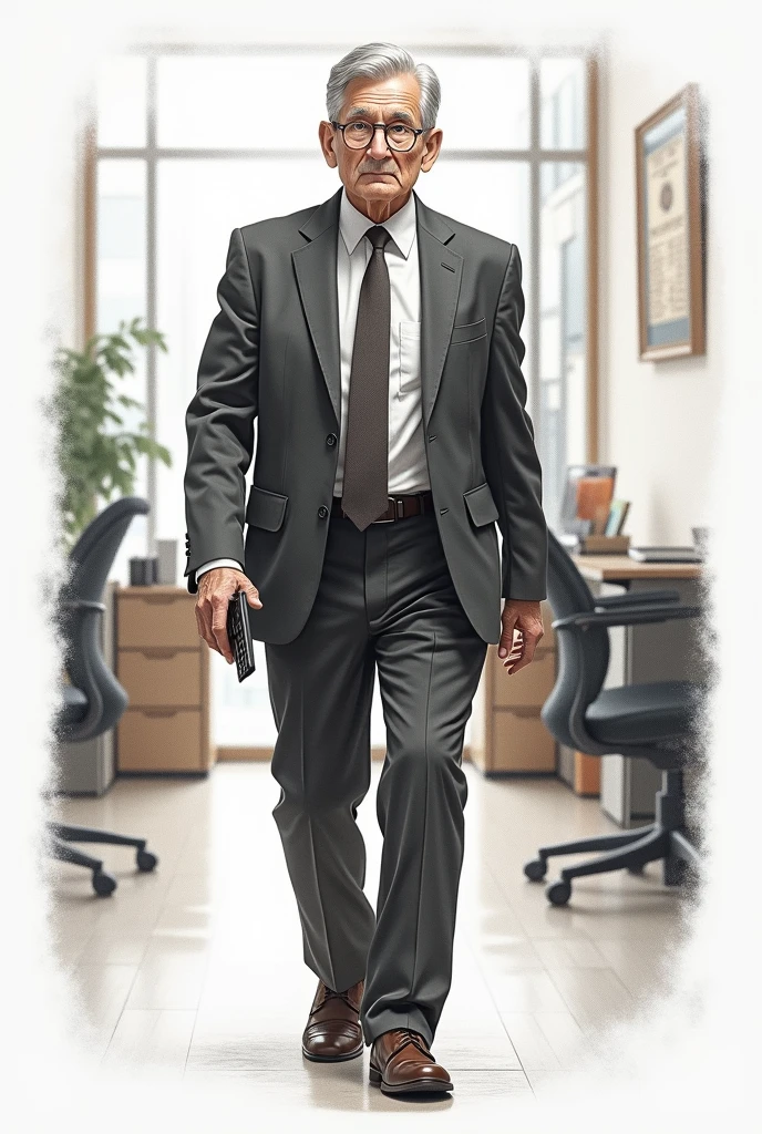 A realistic full body drawing of an elderly accountant, standing, with glasses, gray hair, suit and tie, with a calculator in one hand, walking, In an office