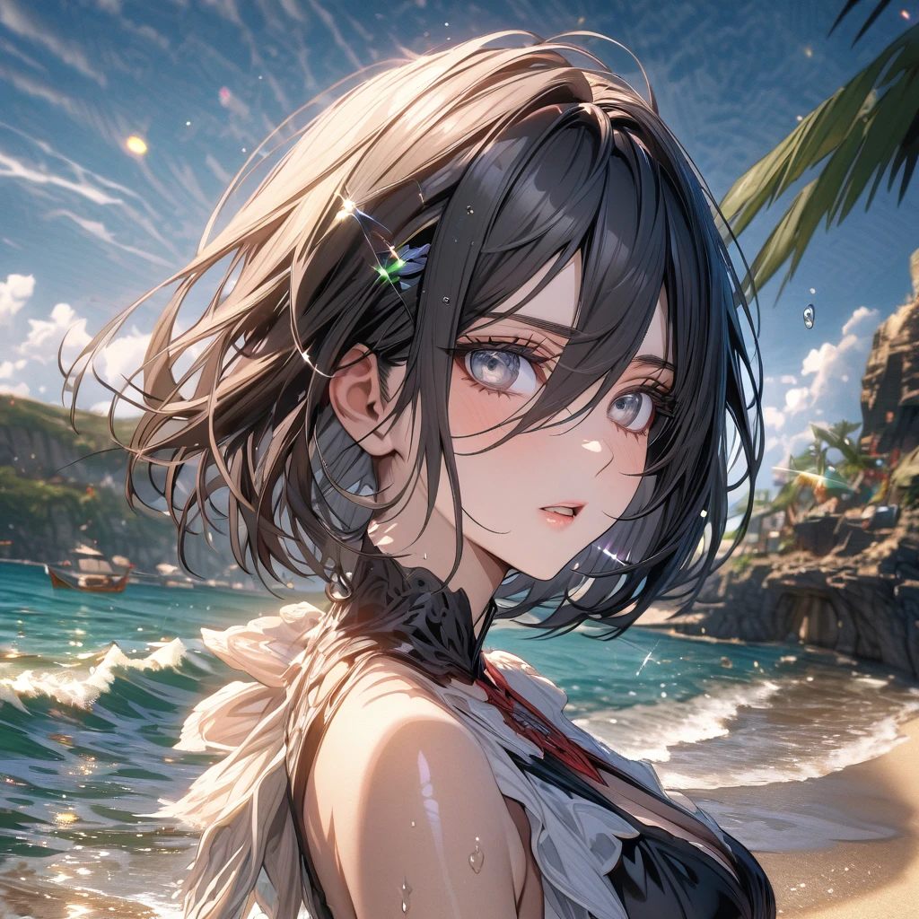 Ultra detailed, Highres, absurdres, HDR, master piece, Mikasa Ackerman, black hair, short hair, expressive gray eyes, Shingeki No Kyojin, woman, extremely beautiful, solo, beach, black swimsuit, water, glittering, fantasy, close up, magical, holding a cocktail,