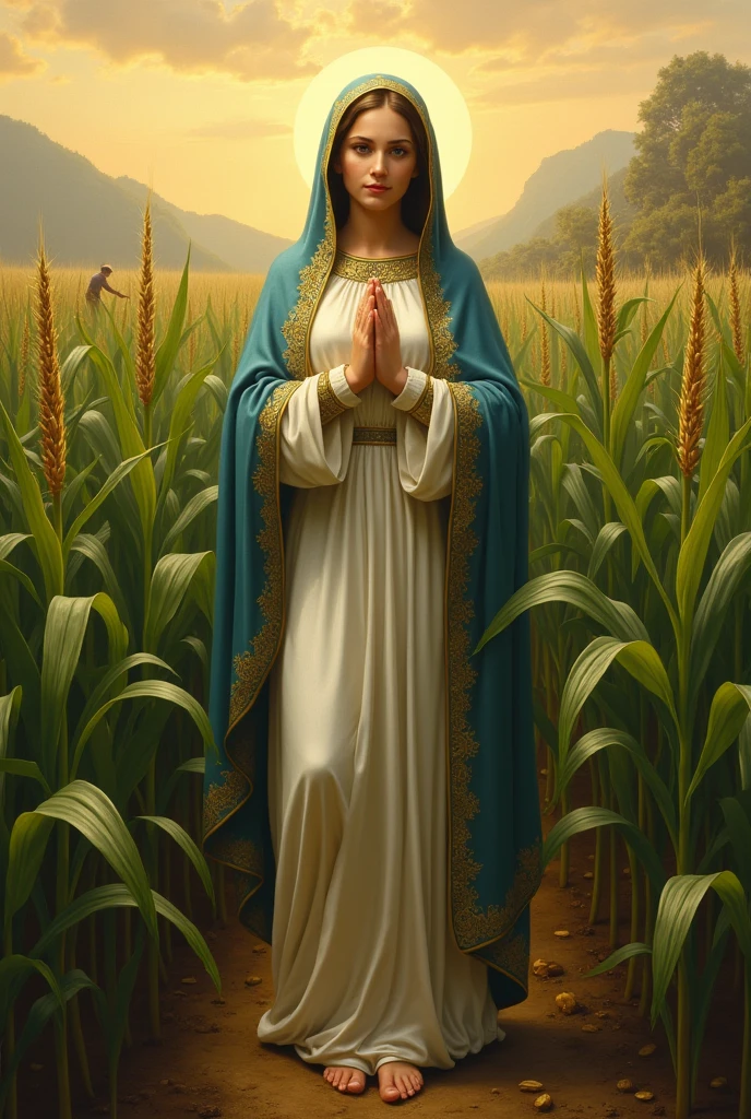 Could you make the full body of the Virgin of Carmen?, But in the background there is a corn field with a farmer