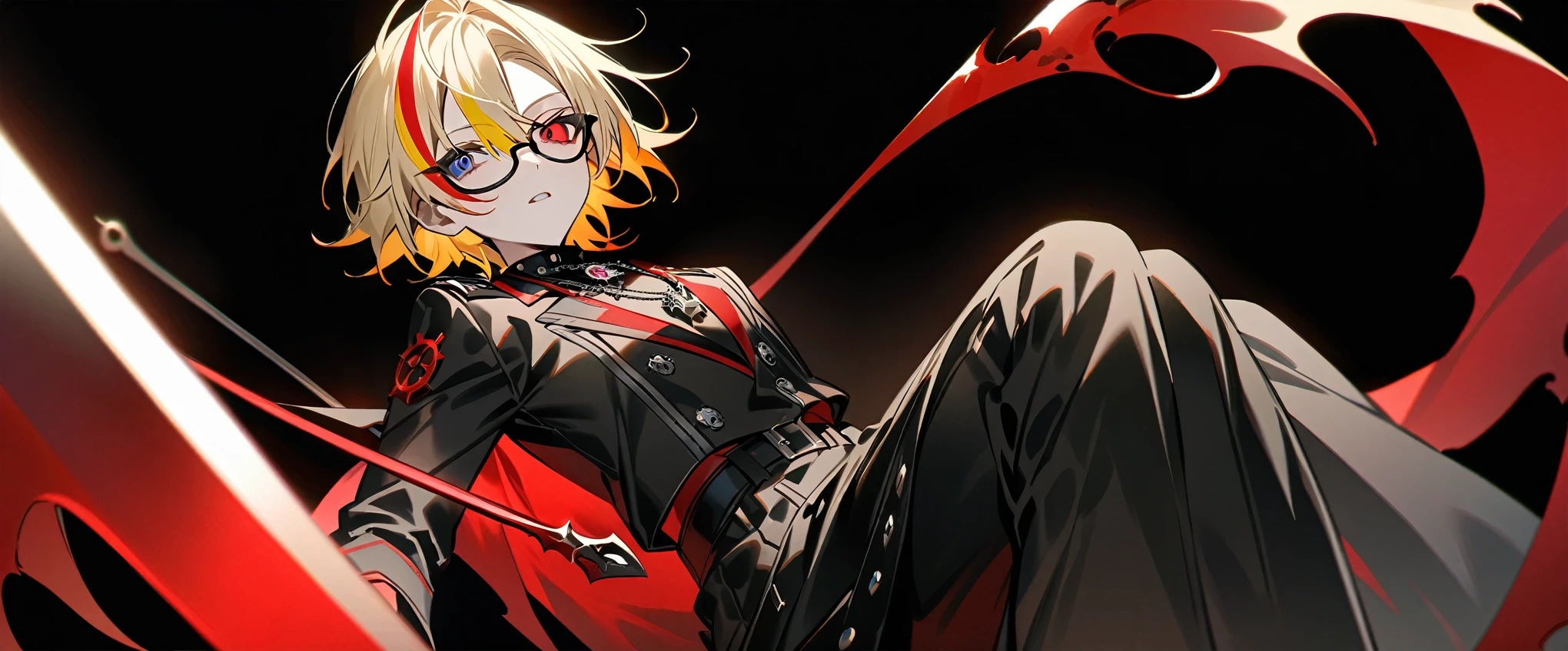 (((masterpiece,Highest quality))),((Androgynous anime male with short hair in black military uniform))),((Androgynous but male)),(((Visual Kei))),(((red and blonde streaked hair))),highlights hair,((Wears stylish, thick-framed glasses,He carries a sabre on his waist)),((Blue and red heterochromia)),((Clock and gear motif necklace,A brooch with a clock and gear motif)),Cruel Laughter,(((Black Background))),alone,No one else,Focus on the whole body,(high quality),アニメ