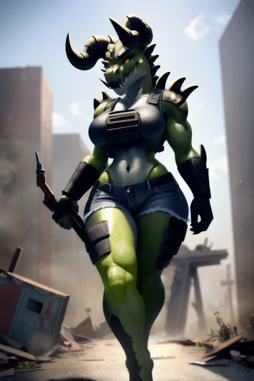 ((4k)), (best body), (sexy women), Solo, score_9,score_8_up,score_7_up, kemono style, Anthro deathclaw from fallout, Anthro reptile girl, snout, green scaled skin, gold eyes, black lips, black horns, black ram horns, athletic body, smiling, walking in a ruined city, holding a rusty gun, wearing bodyarmor, bulletproof vest, blue jean shorts and a blue tank top, sfw, intimidating woman, monstergirl, sleek female dragon head, as an anthropomorphic dragon, commission for high res, female dragonborn, well designed female dragon head, anthro lizard, female fursona, female dragon head