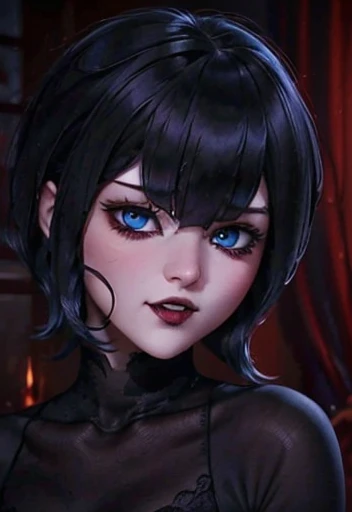Beautiful face and perverted look wiewer, blue eyes short hair with bangs, blood, teeths vampire