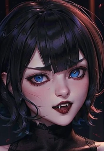 Beautiful face and perverted look wiewer, blue eyes short hair with bangs, blood, teeths vampire