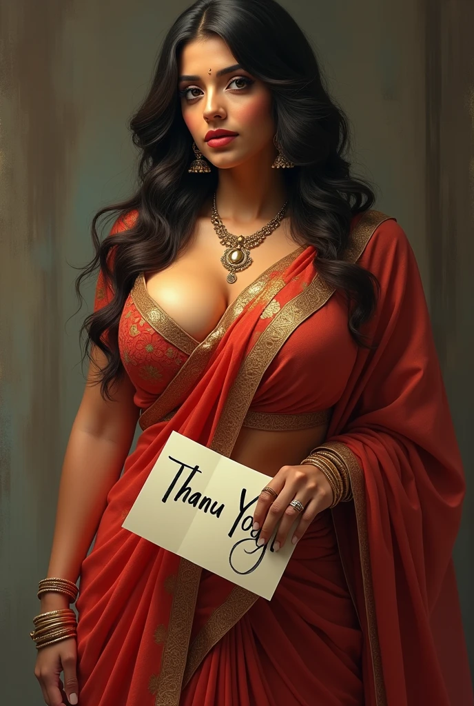 Sexy curvy lady with big boobs and big ass showing deep cleavage in saree holding a paper in her hand written THANU YOGI on it