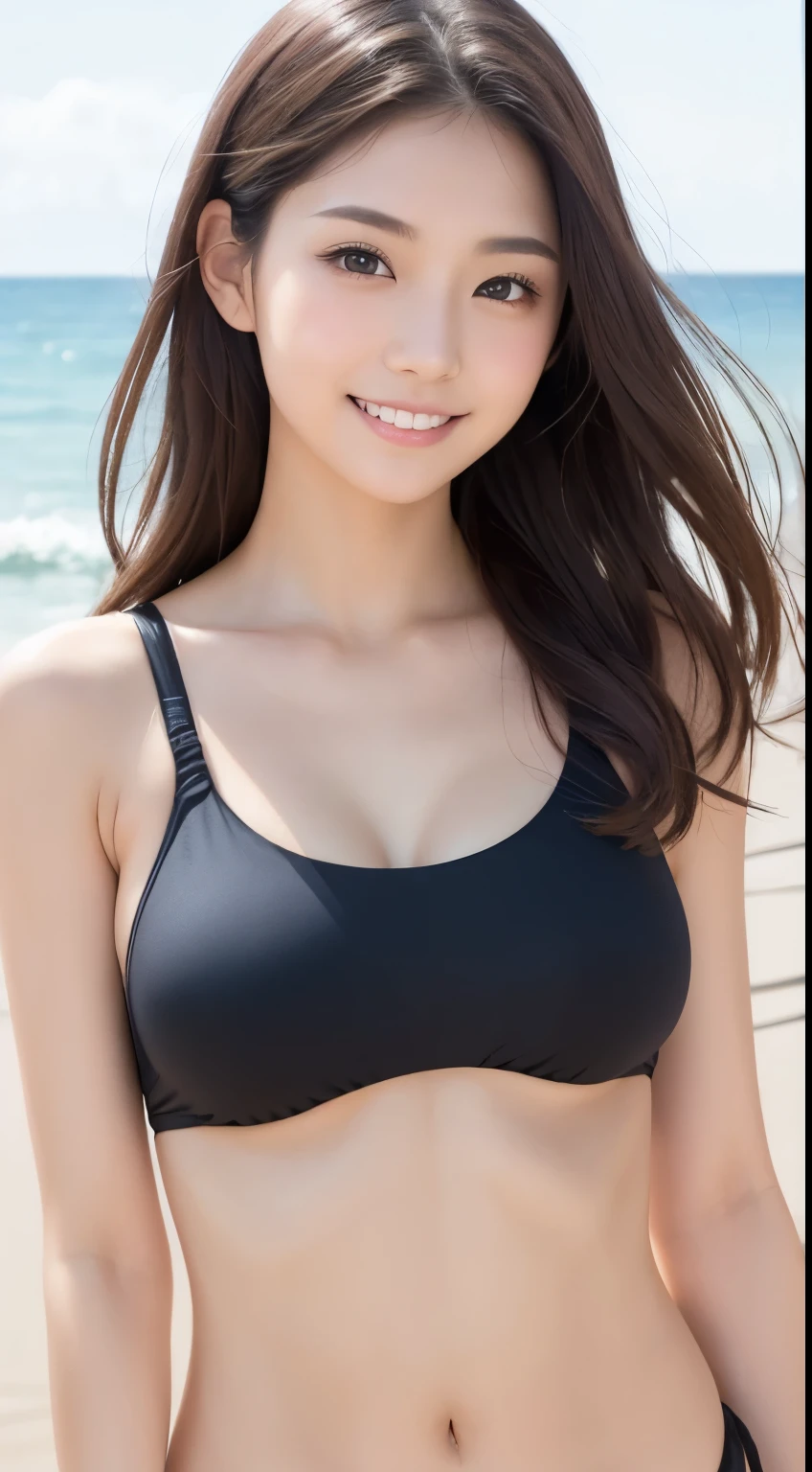 Highest quality, Very detailed, In detail, High resolution, 8k wallpaper, Perfect dynamic composition, Beautiful attention to detail, sexy shot looking at camera、超High resolution, young beautiful japanese woman,, Light, shiny, brown, smooth, fluffy, medium-long hair, Wearing a sexy black micro bikini swimsuit, Perfect dynamic composition, Beautiful Eyes,Beautiful Face,Fine hair, Detailed and realistic skin texture, A kind smile, Model body type、Slender bodyー、Slim and toned waist、whole body, Sexy pose, Ocean, Beautiful Face, Beautiful Face, Realistic and beautiful skin Ultra high resolution, high quality,Ocean、Slender bodyー、Slender body