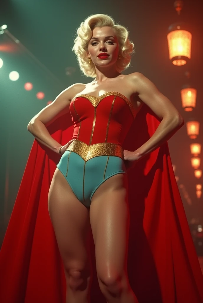 Screengrab of 1950's Super Panavision 70 movie. Ultra High quality Retro in color, Marilyn Monroe in Superwoman Dress, Big Breast size.