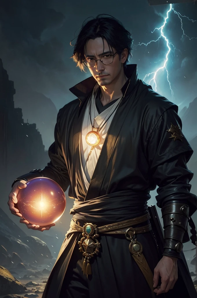 A man, Shiny glasses, Brightly colored clothes, Two glowing spheres revolved around him., lightning, Japanese cartoons, illustration, Fantasy art style, author Antonio J. Manzanedo, author：Jeremy Lipking, In a surreal landscape, Clear focus，(masterpiece), best quality,