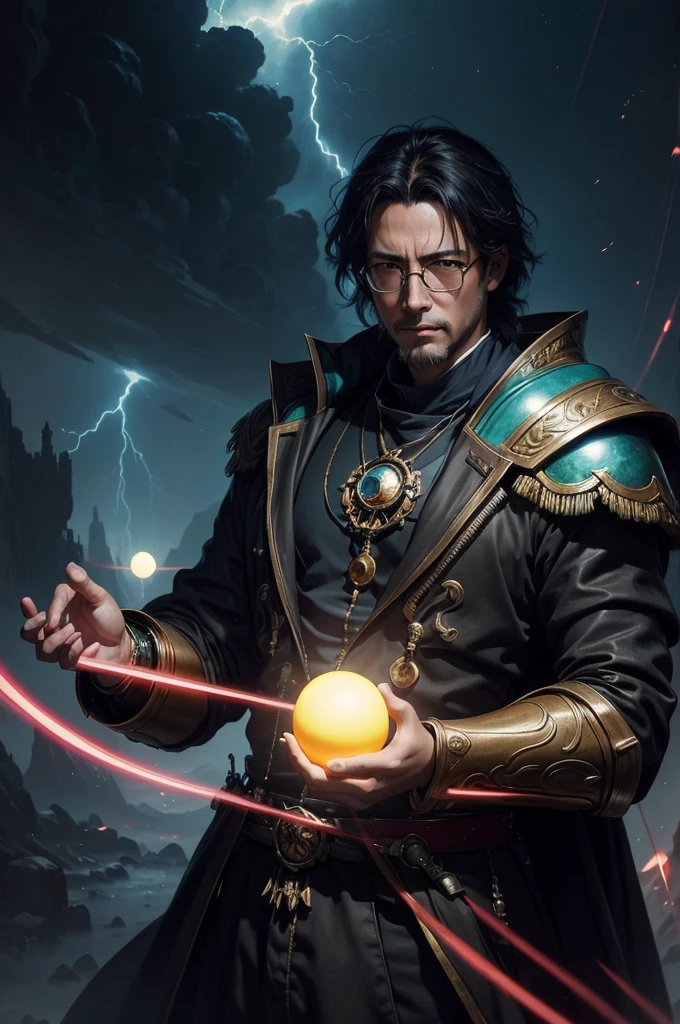 A man, Shiny glasses, Brightly colored clothes, Two glowing spheres revolved around him., lightning, Japanese cartoons, illustration, Fantasy art style, author Antonio J. Manzanedo, author:Jeremy Lipking, In a surreal landscape, Clear focus,(masterpiece), best quality,