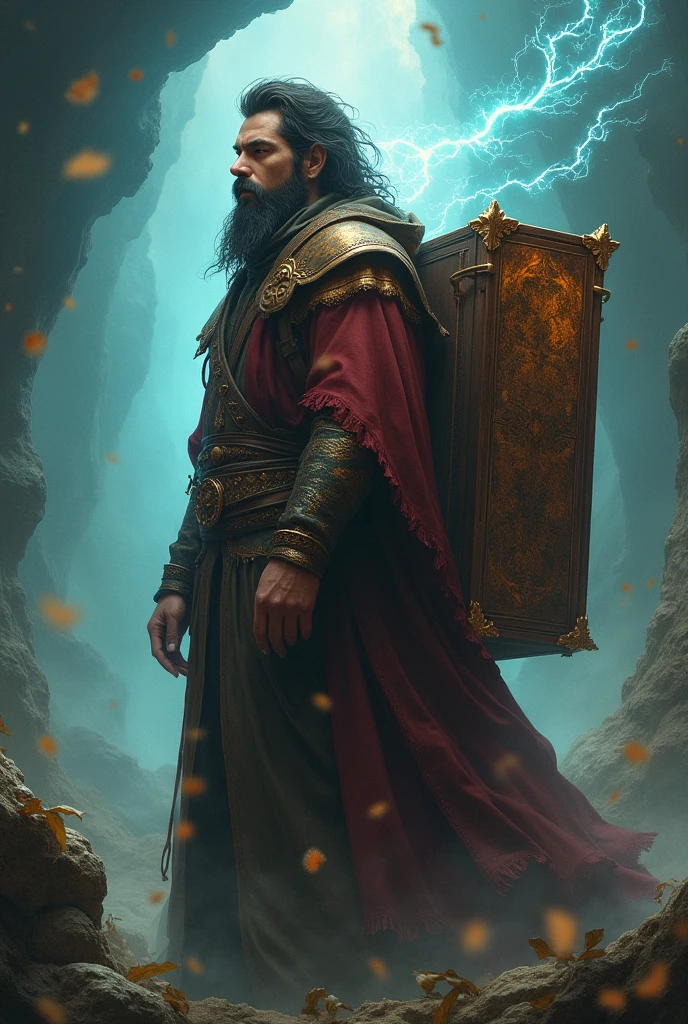 A bearded wizard named “Solomon” who is young, thin and carries a large book on his back, has knowledge in elements
