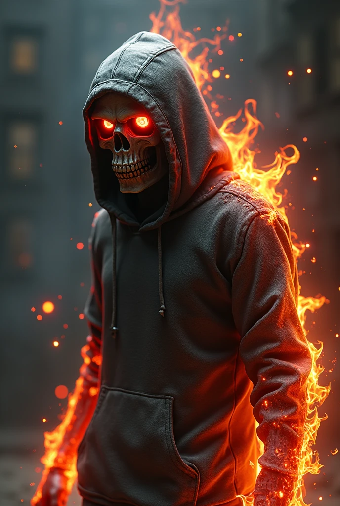 Create a free fire game character with a skull head and a burning sweatshirt