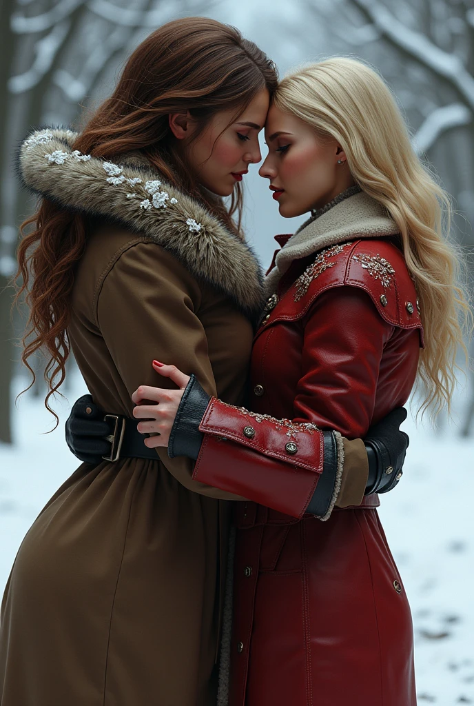 Chubby girl with brown hair sensually hugging a blonde sex girl with blood on her mouth, both wearing winter clothes 