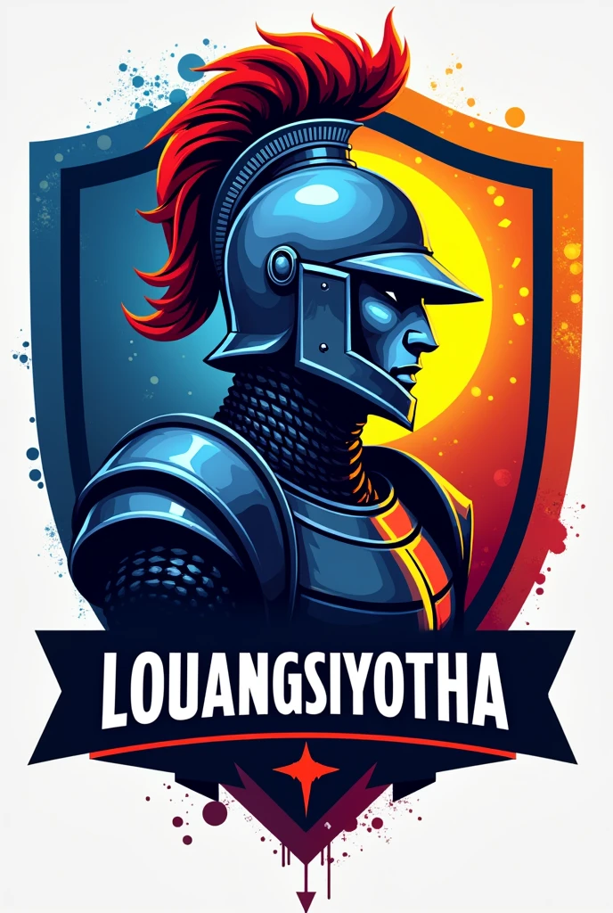 Give KL front make to head knight for logo in profile steamer about gamers, back-blue-yellow-red is background, KL front is head knight , text LOUANGSIYOTHA