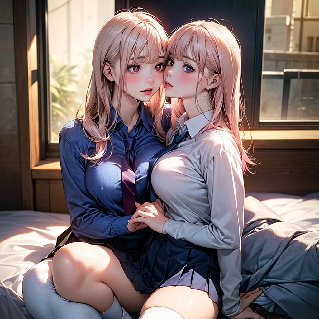 Stick your chest together,Bring your face closer,Connected saliva,kiss,Female couple,Lesbian,caress,kiss,絶頂してる2 people,(masterpiece:1.2, Highest quality), (Realistic, photoRealistic:1.4), Beautiful illustrations, (Natural Side Lighting, Cinema Lighting), Browsing Caution, Love each other, 2 people, Japanese, high school girl, Perfect Face, Cute and symmetrical face, Glowing Skin, slimy skin,Wet Hair,
(Long Hair:1.8, Straight hair:1.7, Light blonde,Light pink hair), Asymmetrical bangs,, (Large Breasts:1.1, Thick thighs),
Beautiful Hair, Beautiful Face, Beautiful attention to detail, Beautiful clavicle, Beautiful body, Beautiful breasts, Beautiful thighs, Beautiful feet, Beautiful fingers,
((Light blue collared shirt, Light pink collared shirt,Navy pleated mini skirt, Knee socks, Untied tie)), See-through shirt、Disheveled clothes,Pink Panties,
(Beautiful views), On the bed, Erect nipples,bottomless