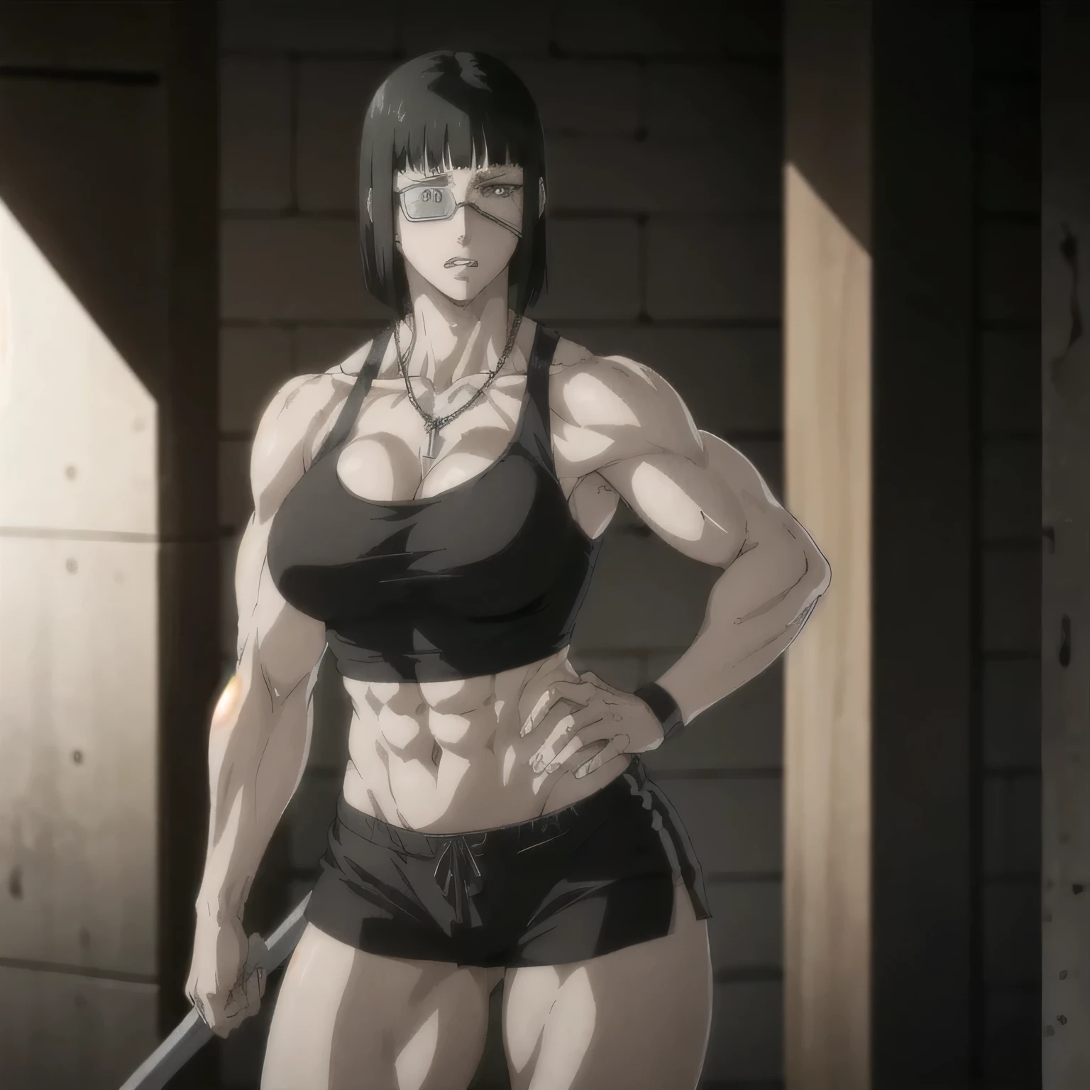 best quality,ultra-detailed,realistic:1.37),musclaur badass girl with sculpted body with preview her musclaur body and six-pack, full review of the female character's face and body, intense expression, strong and confident posture, studio lighting, vivid colors, physiologically-based rendering, grungy texture, rugged background, dust particles in the air, commanding presence, professional, powerful, gritty aesthetics,,Valmet،short hair,necklace,Light reflection on shoulders,clean muscles،wearing black sport shorts and blue gym tank top,tattoos on shoulders،muscles review( girl solo),eyepatch,Shining muscles,eyes detailing,fat free body,veins in muscles,penis growth inside shorts,Photo session,Matching remix,With both hands holding a metal rod, sexy muscles,Swelling between valmet legs