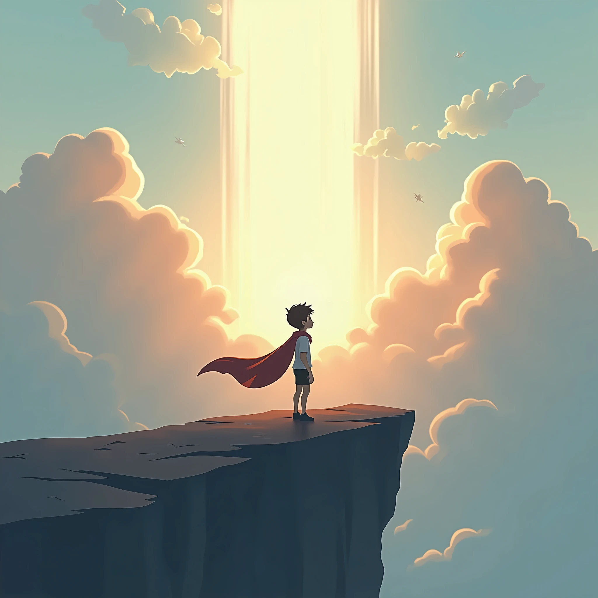 "Design a logo featuring a young boy standing at the edge of a cliff, gazing towards a vast, open sky filled with soft, radiant light. The boy should be depicted with a strong, confident posture, symbolizing courage and self-empowerment. His silhouette can be stylized, with a flowing scarf or cape, suggesting movement and forward momentum. The sky should transition from darker hues at the bottom, representing challenges and loneliness, to lighter, warmer tones at the top, representing hope and progress. The overall design should evoke a sense of journey, strength, and inspiration, suitable for a channel dedicated to guiding its audience through loneliness towards empowerment."