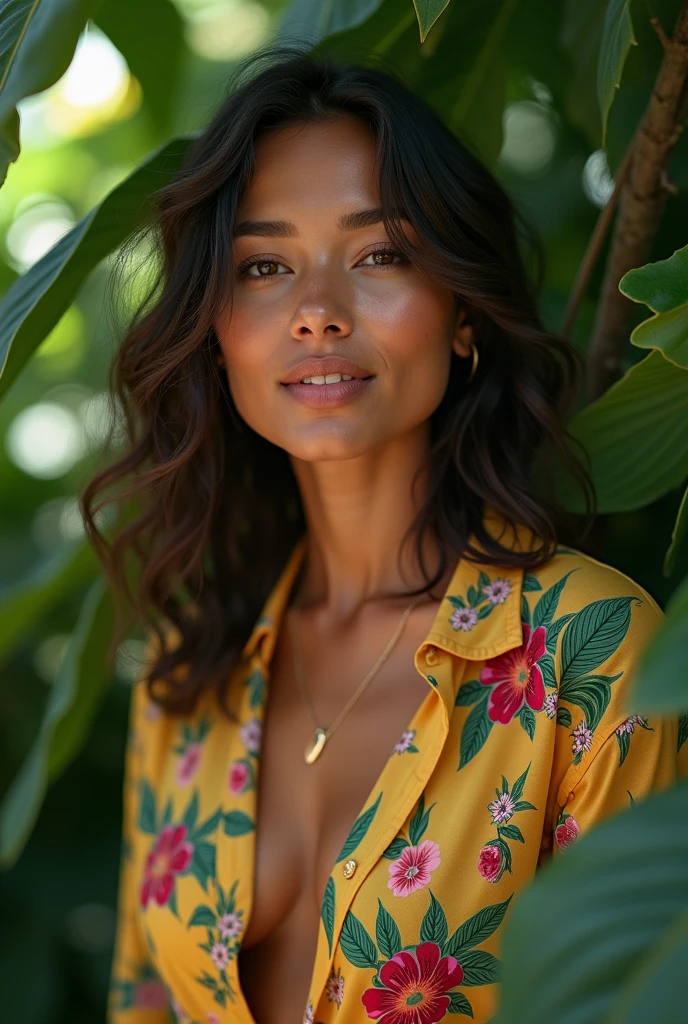 A Brazilian woman in a lush tropical garden, wearing an open shirt with a floral print, with a close-up capturing the harmonious beauty between her breasts and the natural flowers, showing off your natural charm and outgoing personality.