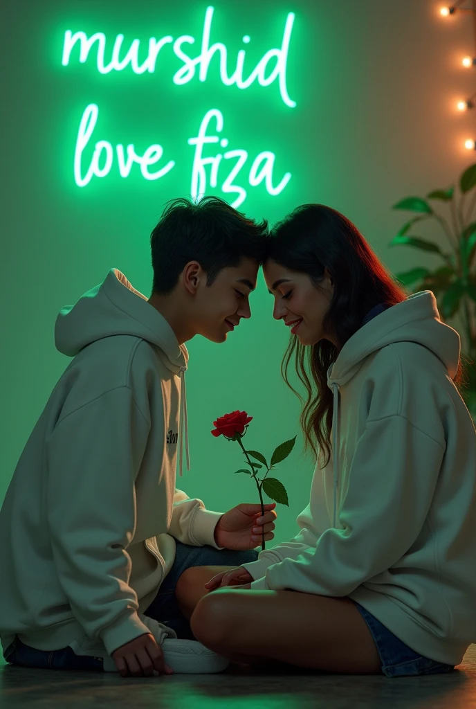 Realistic  2 cute boy White Hoodie with 30 year beautiful women in a White Hoodie, the girl has a red rose flower in her hand and is sitting on down floor, written "Manish" in the boy hoodie and "Mahi" in girl's hoodie, and Murshid love Fiza is written on the green light glow wall text behind.