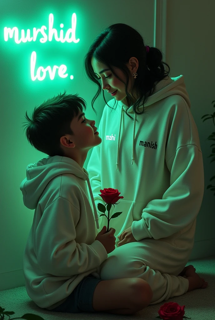 Realistic  2 cute boy White Hoodie with 30 year beautiful women in a White Hoodie, the girl has a red rose flower in her hand and is sitting on down floor, written "Manish" in the boy hoodie and "Mahi" in girl's hoodie, and Murshid love Fiza is written on the green light glow wall text behind.