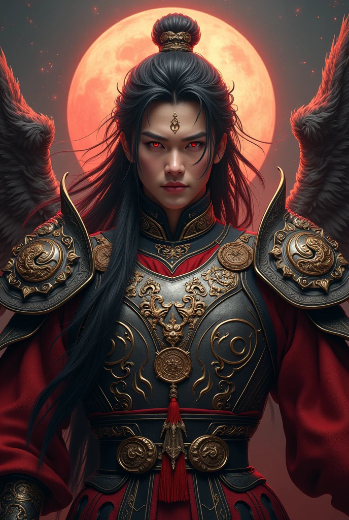 Handsome young xianxia protagonist,charming handsome,serius cold face,darkest Xianxia style,dark style,guy,man,long black hair, Crimson red eyes combination ,and long black with ,and the golden rune motiv scratched on his forehead,use armour featuring like God of evil with black and silver dominant color,battle armour of God reference,pauldron protective shape like dragon head,breastplate featuring like qiongqi four perils Chinese beast((search reference for 4 perils Chinese beast qiongqi)),breastplate detailed qiongqi head shape,shoulder protective dragon shape like head red and blue,sun and moon and circling at the background,ultra detail,the tassel of the armour like river of galaxy, combination of black and red dominant color,darkest red dominant color, Crimson dark red dominant color armour,with majestic silver line ,held halberd of abyss,halberd extreme detailed, And demonic wings at back,demonic wings at back,terrifying aura around,24K ultra hd,face and eyes detail,lips and face detail,masterpiece ,better quality