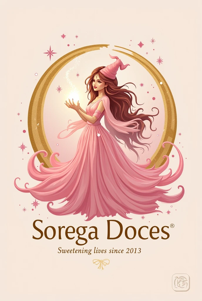 "Design a logo for a candy store called 'Sorega Doces' using baby pink colors, dourado e branco. The logo should embody the archetypes of the Wizard or Sorceress, Creator and Lover. Design should evoke a sense of magic, creativity , and heat. Place the logo inside a golden circular graphic element. Include the slogan 'sweetening lives since 2013' in Portuguese and make sure the text is in gold and white.