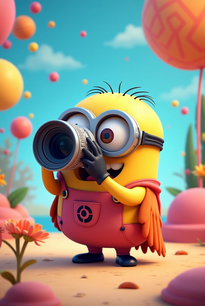 Un emoji hibou minion avec lunettes qui prend des photos