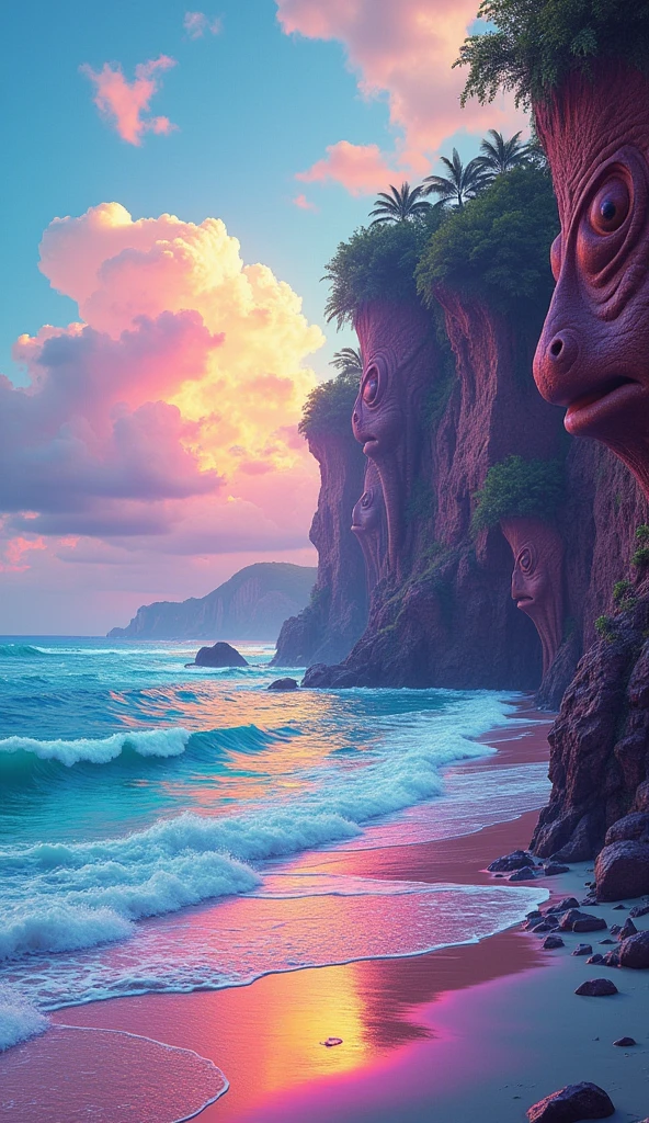 a hyper realistic rendering of a beach where the ocean is rainbow color, cliff is sculpted into multiple head of fish, psychedelic, sun ray is rainbow colored, rainbow color, super sharp color, very well defined, 4k