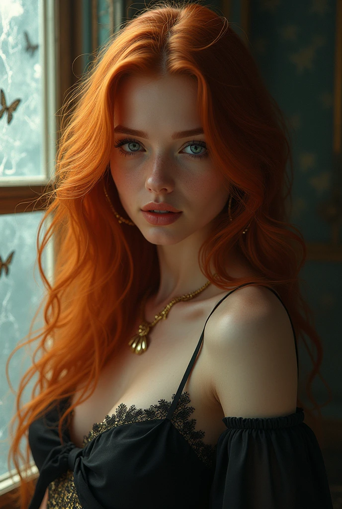 (solo, full body photo:1.3), (action packed:1.3), (haze, fog, mist:1.3), chiaroscuro, best quality, photorealistic, 1woman, (cute), (24yo:1.2), redhead, long ginger hair highly detailed, 1700'S, digital photography, art by artgerm and ruan jia and greg rutkowski surreal painting gold butterfly filigree, broken glass, (masterpiece, sidelighting, finely detailed Fashionable eyes: 1.2) (perfect oval large eyes that gazes at the viewer), beautiful detailed face, blue gorgeous perfect eyes, (blonde hair ponytail), (attractive young woman:1.3), (thick amazing hair), (seductive:1.1), (blushing:1.1)