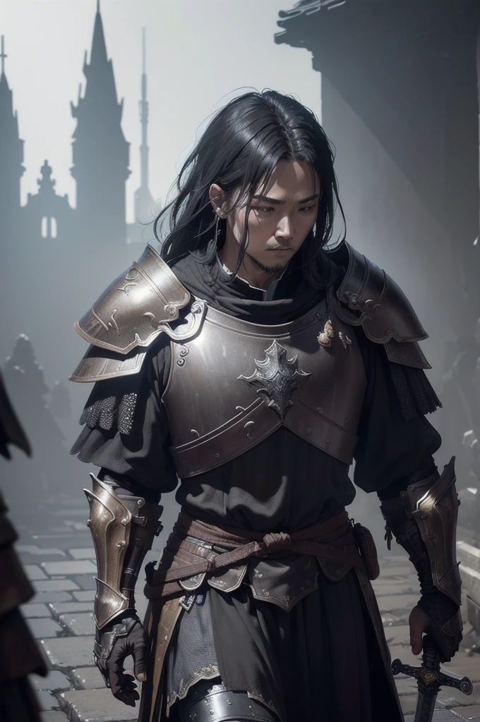 (8k 单位壁纸 CG Extremely detailed, masterpiece, best quality, Extremely detailed), (Solitary), ((Wide-angle lens:1.5)), (A Paladin with a legendary sword), (Theme), middle Ages, The scene is spectacular, Dark and sinister environment, (dark souls 3), (Best Illustration)