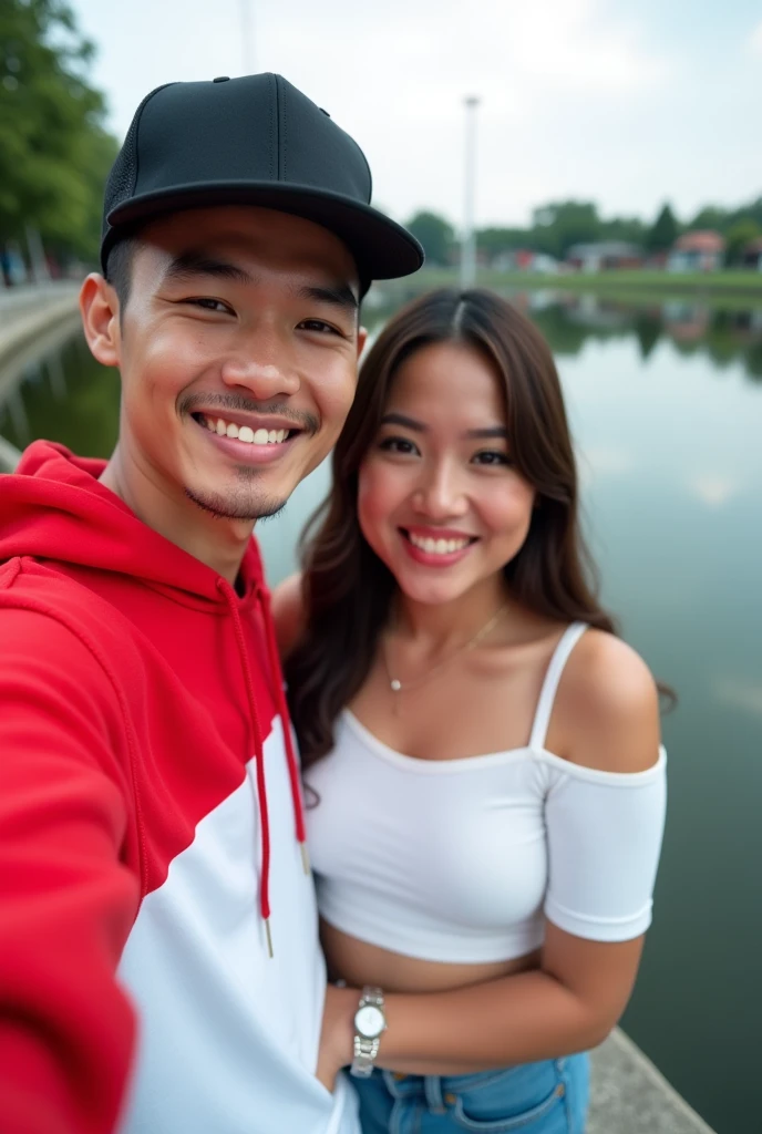 Create an image of two people taking a selfie in front of a beautiful lake. The man wearing a snapback hat and red and white hoodie depicts the style of Indonesian youth. The woman next to him was slightly overweight, wearing a tight white top with a flashy watch, as in the example. Both appear cheerful, with a quiet urban background, photography, HD, very shap