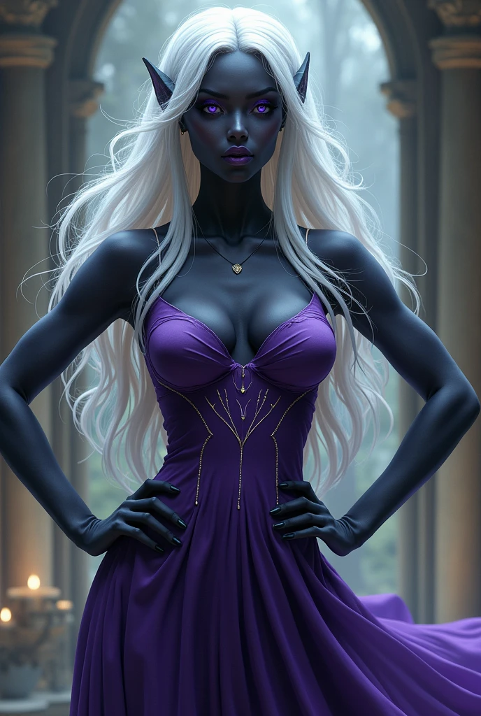 A beautiful drow girl, detailed face, large breasts, black skin, detailed white hair, wearing sexy purple dress, purple eyes, highly detailed, 8k, photorealistic, masterpiece, cinematic lighting, fantasy art, hands on hips, upskirt view.