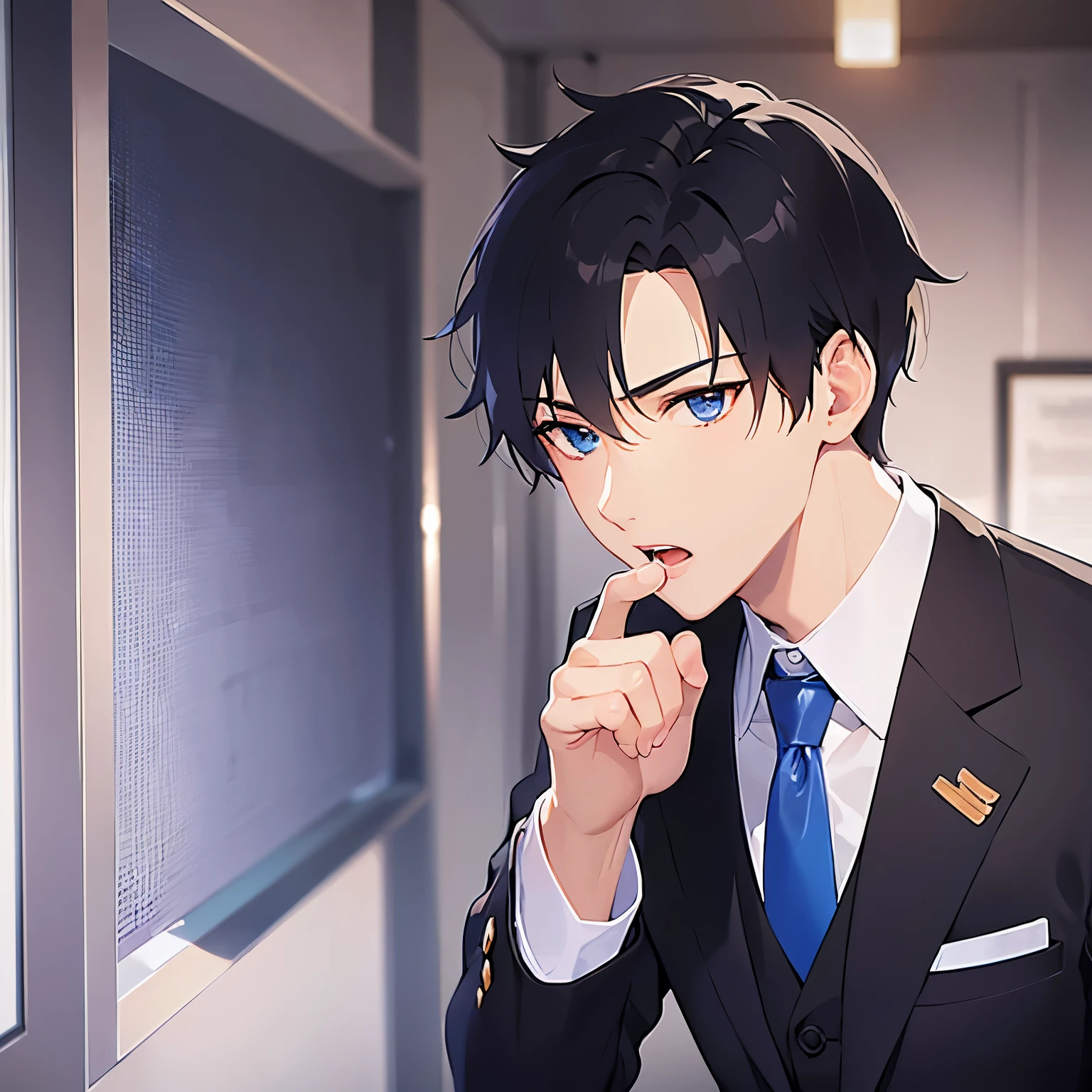 (2 male:1.3) and (Black short hair) and (blue eyes), Side shot、shiny skin, masterpiece、Highest quality、
(Wearing a suit:1.5) and (Blue tie)、
worried,open mouth,
The background is the conference room、(alone:1.5)
