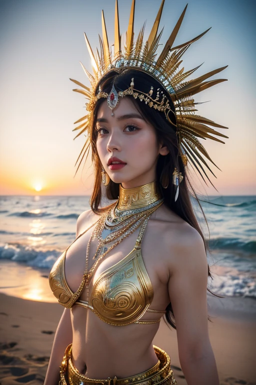 Godness, A stunning, hyperrealistic portrait of a beautiful woman in a white warrior bikini and ornate iron headdress, standing on a beach. The detailed face resembles that of a goddess, and the armor is exquisitely crafted, masterpiece, maxium resolution, vivids, 48K