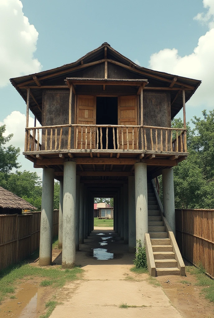 It was a stilt house made of wood and bamboo with concrete footstools for posts and stairs. Such concrete tiny slabs are still present to this day used as base integrated to the new house and The area was 35 sq. meters as evidenced by the concrete slabs which measured five by seven meters and under the house was an open storage for implements and jars. A corner was used as a cornal for goats and sheep that were evacuated from Mangusmana during flood season. The yard was surrounded by bamboo fences with a front gate facing the street of the bulosans and 