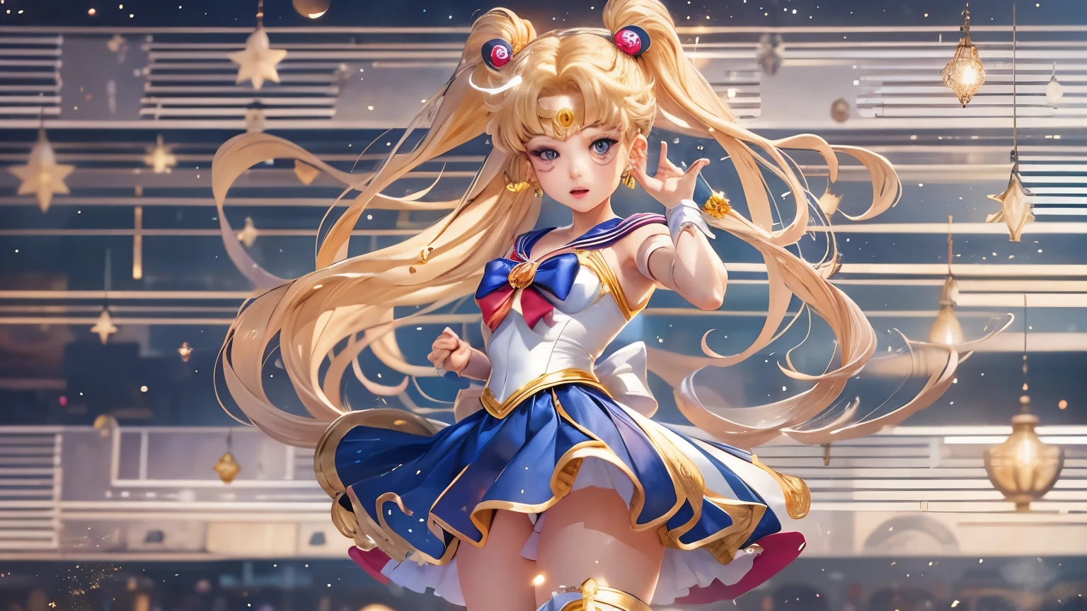 Draw Sailor Moon in her signature sailor suit, including the golden tiara, the red bow on the chest and the blue skirt. Make sure to include her long blonde hair in two pigtails with crescent moon decorations. The pose must be dynamic, as if in the middle of a magical transformation, with light effects and flashes around. The background can be a starry sky or a nighttime urban scene..