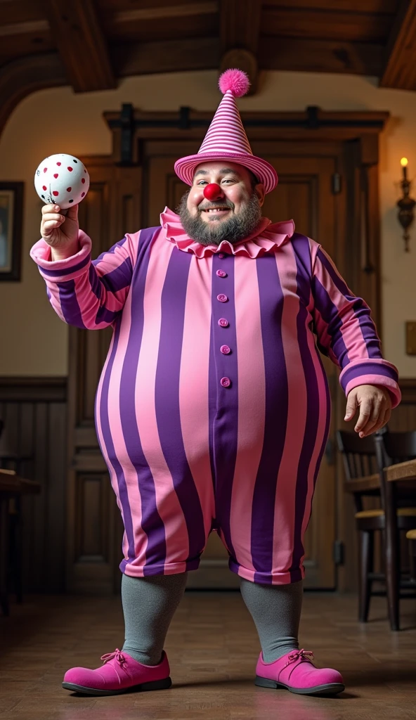 Raw photo, Chubby male clown, whole body, Pink and purple thick striped jumpsuit, Pink and purple thick striped cone hat, Grey pantyhose, Holding a playing card in one hand、Is doing ball balancing, Tavern