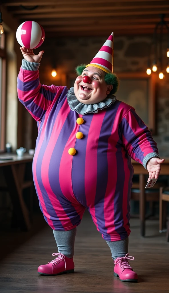 Raw photo, Chubby male clown, whole body, Pink and purple thick striped jumpsuit, Pink and purple thick striped cone hat, Grey pantyhose, Holding a playing card in one hand、Is doing ball balancing, Tavern