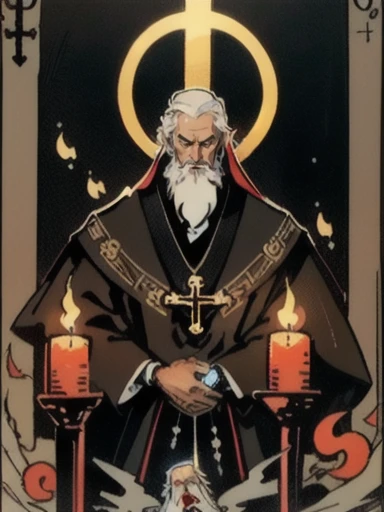 (masterpiece, Highest quality;1.3),(Tarot Cards:1.2), 1 person, male_concentrated, Priest, elder, beard, Hold up the cross,  Candlelight, View your viewers, Calligraphy characters, Long Shadow, Dark Room,Symmetrical Configuration, Super detailed