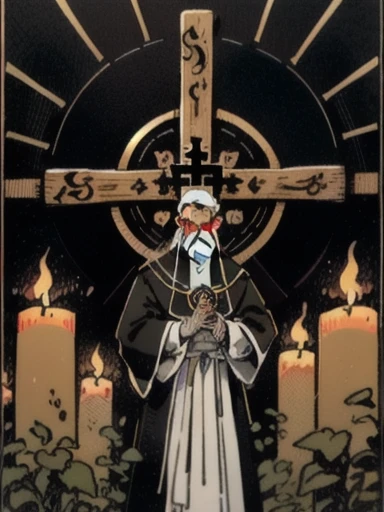 (masterpiece, Highest quality;1.3),(Tarot Cards:1.2), 1 person, male_concentrated, Priest, elder, beard, Hold up the cross, Candlelight, View your viewers, Calligraphy characters, Long Shadow, Dark Room,Symmetrical Configuration, Super detailed