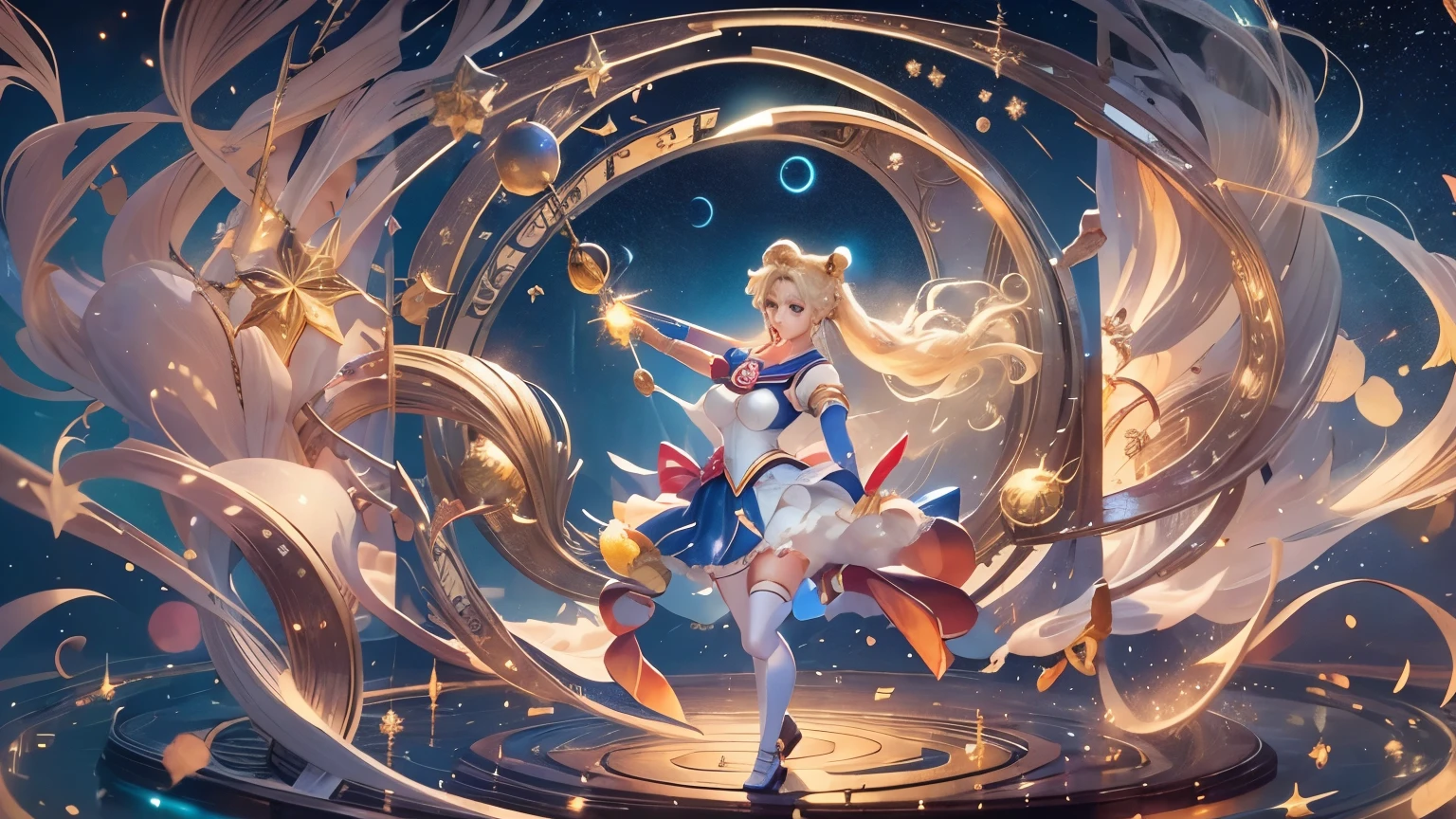 Draw Sailor Moon in her signature sailor suit, including the golden tiara, the red bow on the chest and the blue skirt. Make sure to include her long blonde hair in two pigtails with crescent moon decorations. The pose must be dynamic, as if in the middle of a magical transformation, with light effects and flashes around. The background can be a starry sky or a nighttime urban scene..
