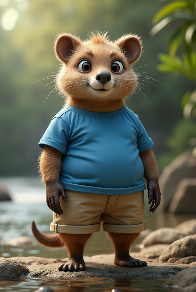 (photorealism:1.2), Nutria, furry, Blue T-shirt, beige shorts
