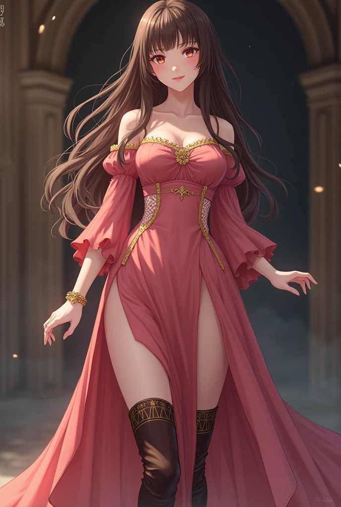 A woman with homos-length brown hair with a fairly large chest and a cherry-pink dress that highlights her curves and a pair of brown knee-high boots and a golden bracelet on her left hand in medieval anime style.