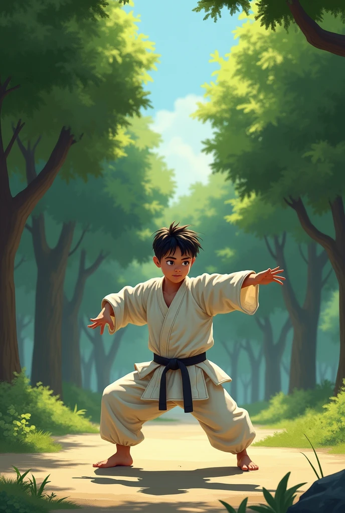  "In a serene outdoor setting, the young boy practices the single judo move taught by his master. His one arm is extended as he performs the move with precision and dedication. Surrounding him are tall trees and a quiet, peaceful environment that reflects his inner resolve and commitment."