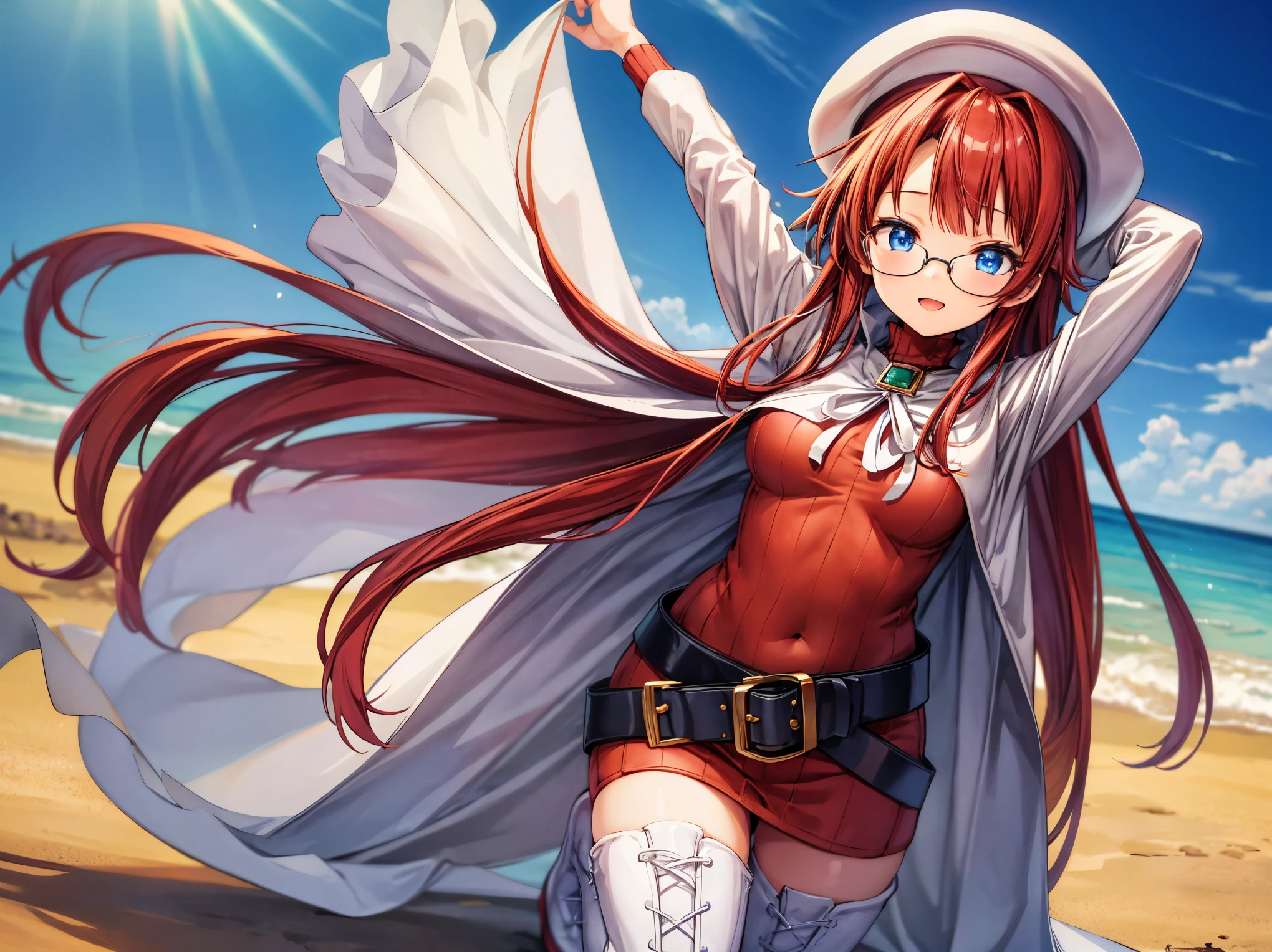 summonnightaty, aty, (young:1.3),long hair, blue eyes, red hair, big_tits, hat, glasses, BREAK long hair, thighhighs, hat, dress, naked_legs, glasses, belt, cape, sweater, zettai ryouiki, beret, thigh boots, white footwear, ribbed sweater, loose belt,solo, BREAK outdoors, fantasy,on_beach, ,Highquality_hads,perfect_fingers, BREAK (masterpiece:1.2), best quality, high resolution, unity 8k wallpaper, (illustration:0.8), (beautiful detailed eyes:1.6), extremely detailed face, perfect lighting, extremely detailed CG, (perfect hands, perfect anatomy),(covered_nipples:0.7),covered_navel ,half_eyes,long_sword,sleepy_eyes,red_sweater,apart_knees,spread_legs, book,have_a_book,teacher,rise_knee,Smile,,open_arms,beach_landscape,,plump,open_mouth, dynamic_posing,solokneeling, slouch,