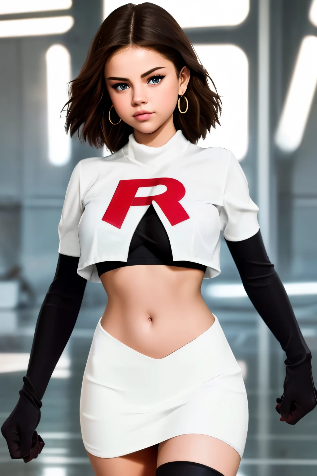 The face of Selena gomez, 1girl, solo, team rocket,team rocket uniform,white skirt,red letter R,crop top,black thigh-highs,black elbow gloves, earrings, large breasts, 
