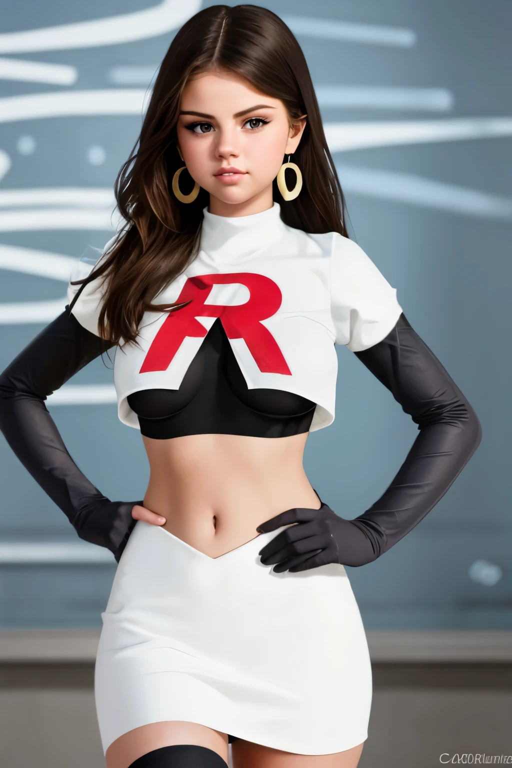 The face of Selena gomez, 1girl, solo, team rocket,team rocket uniform,white skirt,red letter R,crop top,black thigh-highs,black elbow gloves, earrings, large breasts,