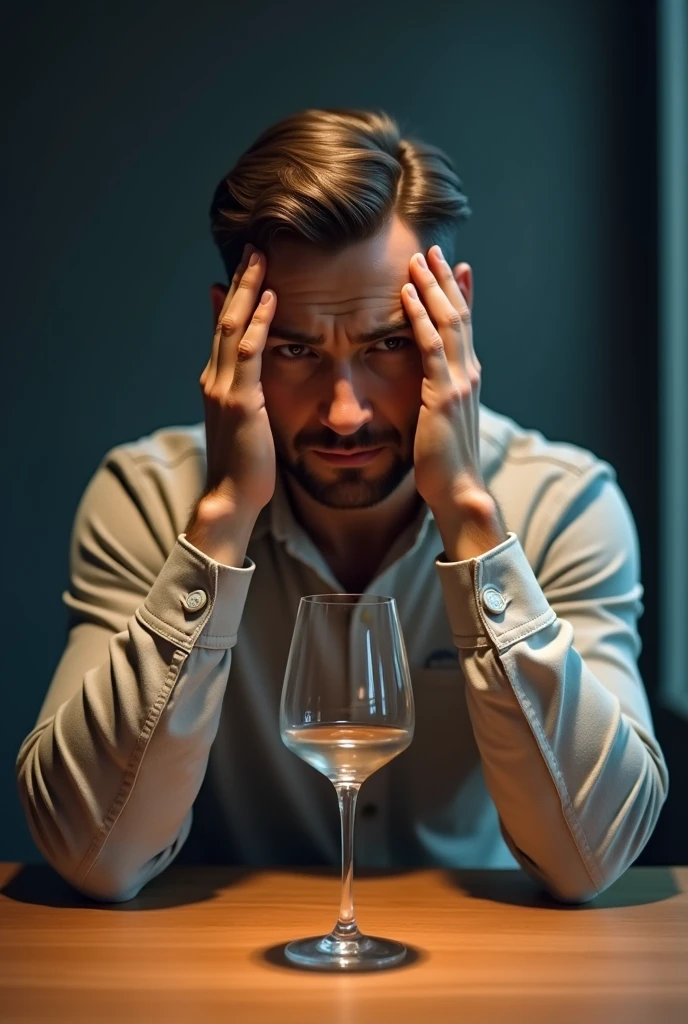 A man with his fingers touching his temples looking at a glass that is flying above a table